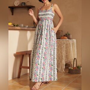 ModCloth Floral Striped Maxi Sundress with Pockets - White Floral Size 1X